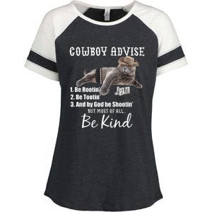 Cowboy Cat Adivse Be Rootin' Be Tootin' Be Shootin Be Kind Meme Enza Ladies Jersey Colorblock Tee