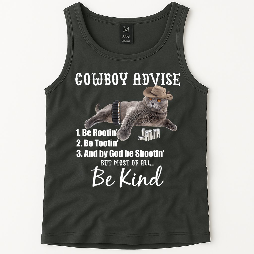 Cowboy Cat Adivse Be Rootin' Be Tootin' Be Shootin Be Kind Meme Tank Top