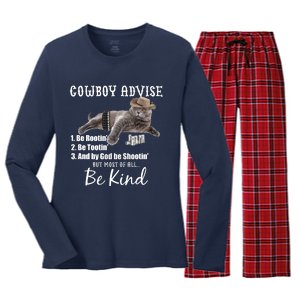 Cowboy Cat Adivse Be Rootin' Be Tootin' Be Shootin Be Kind Meme Women's Long Sleeve Flannel Pajama Set 