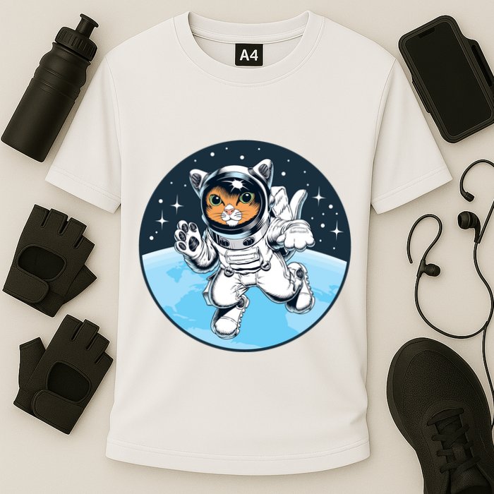 Cute Cat Astronaut Cooling Performance Crew T-Shirt