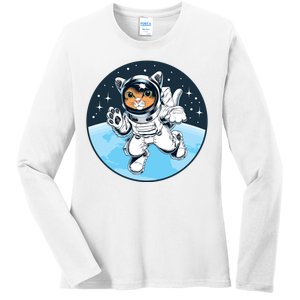 Cute Cat Astronaut Ladies Long Sleeve Shirt