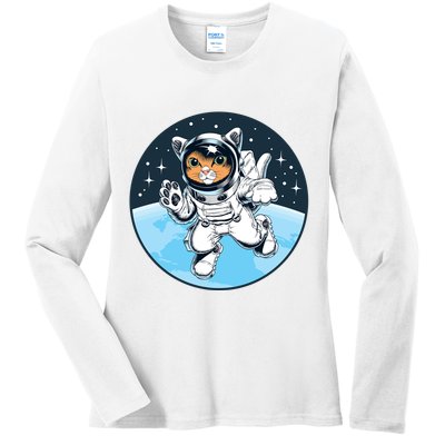 Cute Cat Astronaut Ladies Long Sleeve Shirt