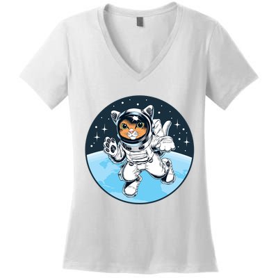 Cute Cat Astronaut Women's V-Neck T-Shirt