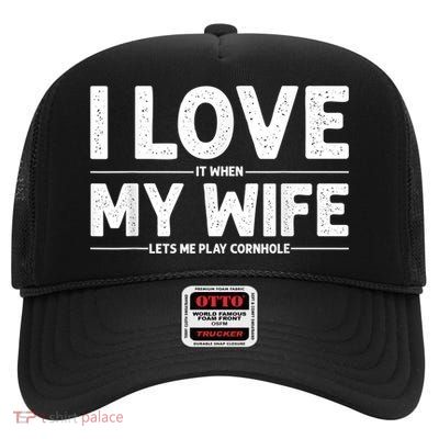 Cool Cornhole Art For Men Dad Love My Wife Husband Corn Hole High Crown Mesh Back Trucker Hat