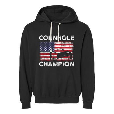 Cornhole Champion American Flag USA July 4th Cornhole Garment-Dyed Fleece Hoodie