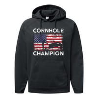 Cornhole Champion American Flag USA July 4th Cornhole Performance Fleece Hoodie