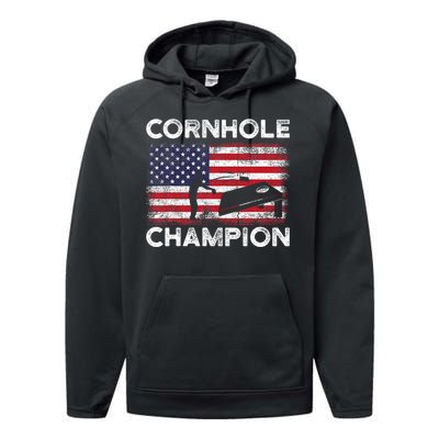 Cornhole Champion American Flag USA July 4th Cornhole Performance Fleece Hoodie