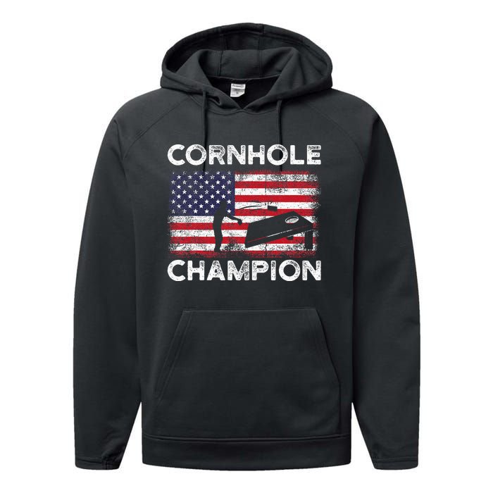 Cornhole Champion American Flag USA July 4th Cornhole Performance Fleece Hoodie