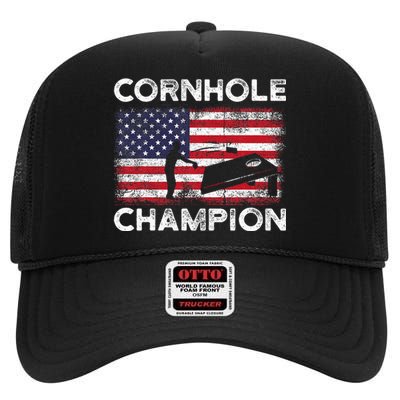 Cornhole Champion American Flag USA July 4th Cornhole High Crown Mesh Back Trucker Hat