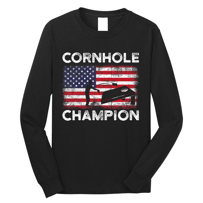 Cornhole Champion American Flag USA July 4th Cornhole Long Sleeve Shirt