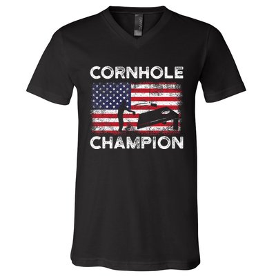 Cornhole Champion American Flag USA July 4th Cornhole V-Neck T-Shirt