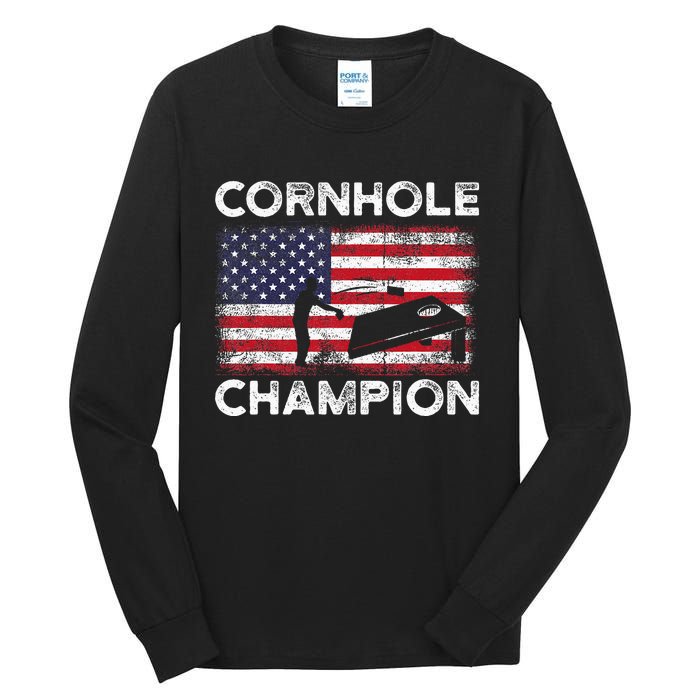 Cornhole Champion American Flag USA July 4th Cornhole Tall Long Sleeve T-Shirt