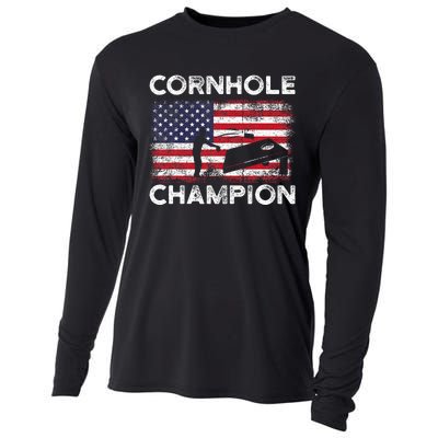 Cornhole Champion American Flag USA July 4th Cornhole Cooling Performance Long Sleeve Crew