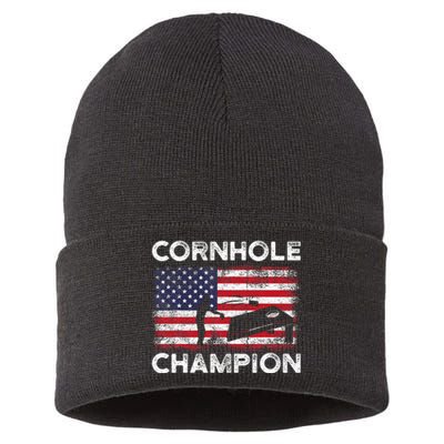 Cornhole Champion American Flag USA July 4th Cornhole Sustainable Knit Beanie