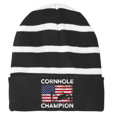 Cornhole Champion American Flag USA July 4th Cornhole Striped Beanie with Solid Band