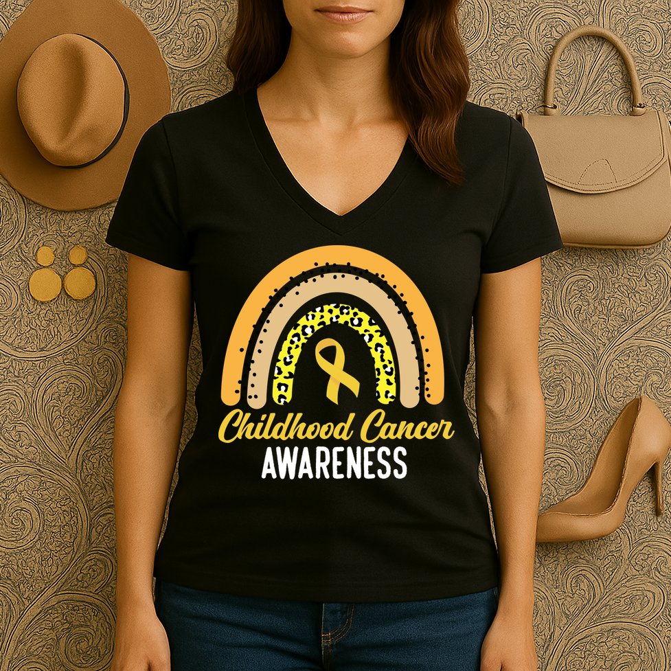 Childhood Cancer Awareness Rainbow Gold Ribbon Women's V-Neck T-Shirt