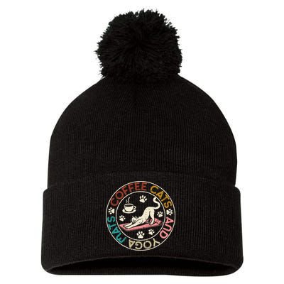 Coffee Cats And Yoga Mats Funny Cats And Yoga Lover Pom Pom 12in Knit Beanie