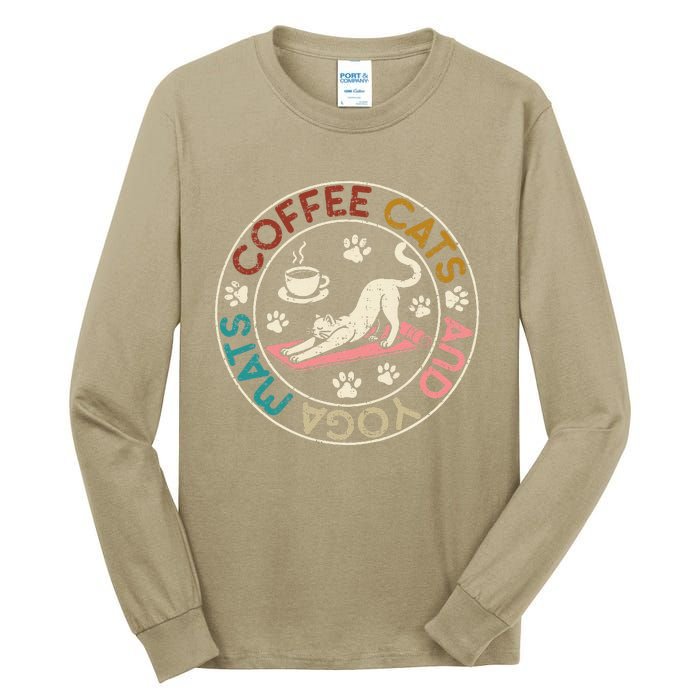 Coffee Cats And Yoga Mats Funny Cats And Yoga Lover Tall Long Sleeve T-Shirt