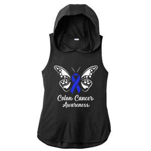 Colon Cancer Awareness Colorectal Cancer Blue Butterfly Ladies PosiCharge Tri-Blend Wicking Draft Hoodie Tank