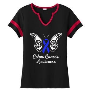 Colon Cancer Awareness Colorectal Cancer Blue Butterfly Ladies Halftime Notch Neck Tee