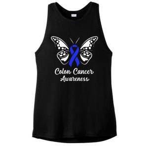 Colon Cancer Awareness Colorectal Cancer Blue Butterfly Ladies PosiCharge Tri-Blend Wicking Tank