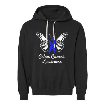 Colon Cancer Awareness Colorectal Cancer Blue Butterfly Garment-Dyed Fleece Hoodie