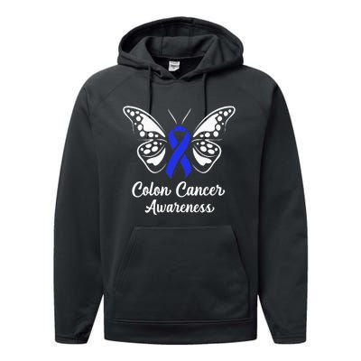 Colon Cancer Awareness Colorectal Cancer Blue Butterfly Performance Fleece Hoodie