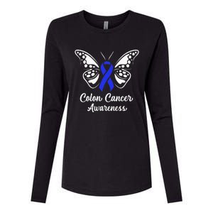 Colon Cancer Awareness Colorectal Cancer Blue Butterfly Womens Cotton Relaxed Long Sleeve T-Shirt