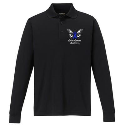 Colon Cancer Awareness Colorectal Cancer Blue Butterfly Performance Long Sleeve Polo