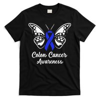 Colon Cancer Awareness Colorectal Cancer Blue Butterfly T-Shirt