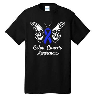 Colon Cancer Awareness Colorectal Cancer Blue Butterfly Tall T-Shirt