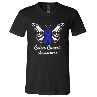 Colon Cancer Awareness Colorectal Cancer Blue Butterfly V-Neck T-Shirt