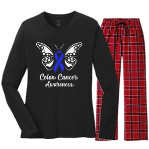 Colon Cancer Awareness Colorectal Cancer Blue Butterfly Women's Long Sleeve Flannel Pajama Set 