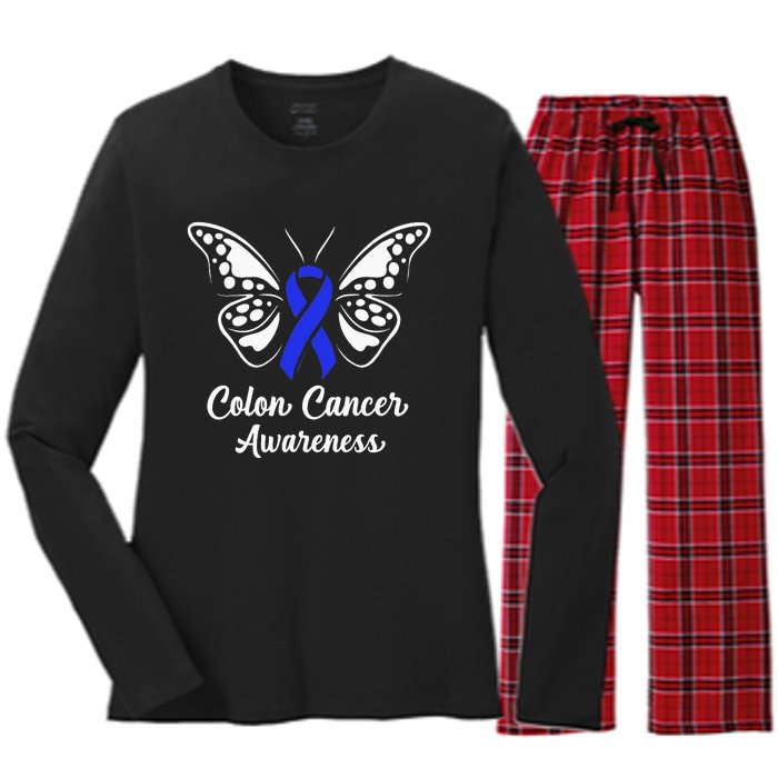 Colon Cancer Awareness Colorectal Cancer Blue Butterfly Women's Long Sleeve Flannel Pajama Set 