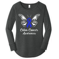 Colon Cancer Awareness Colorectal Cancer Blue Butterfly Women's Perfect Tri Tunic Long Sleeve Shirt