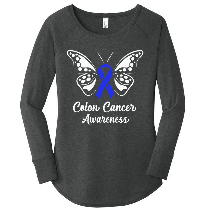 Colon Cancer Awareness Colorectal Cancer Blue Butterfly Women's Perfect Tri Tunic Long Sleeve Shirt