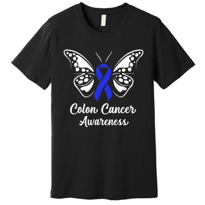 Colon Cancer Awareness Colorectal Cancer Blue Butterfly Premium T-Shirt