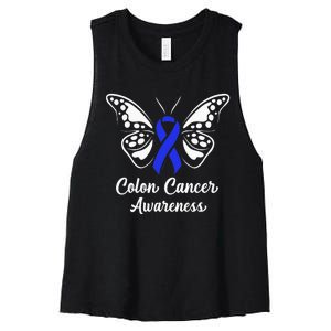 Colon Cancer Awareness Colorectal Cancer Blue Butterfly Women's Racerback Cropped Tank