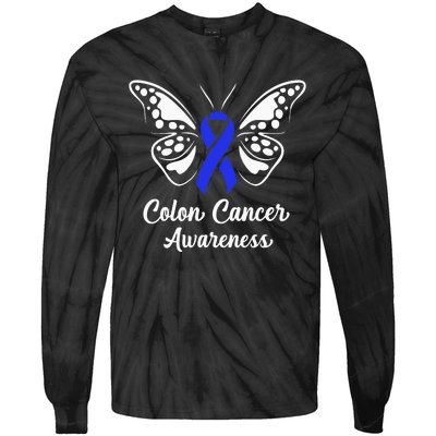 Colon Cancer Awareness Colorectal Cancer Blue Butterfly Tie-Dye Long Sleeve Shirt