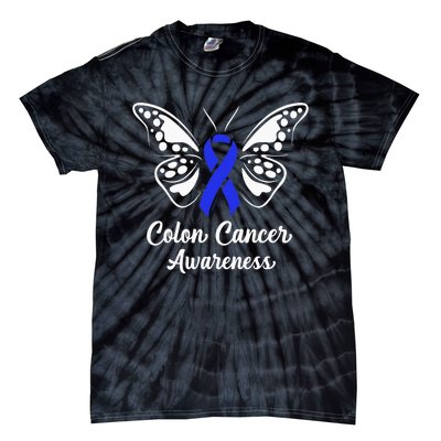 Colon Cancer Awareness Colorectal Cancer Blue Butterfly Tie-Dye T-Shirt