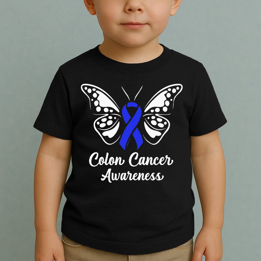 Colon Cancer Awareness Colorectal Cancer Blue Butterfly Toddler T-Shirt