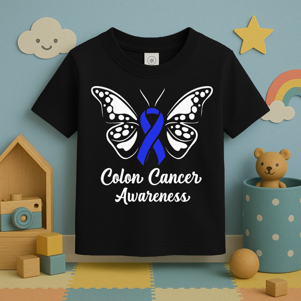 Colon Cancer Awareness Colorectal Cancer Blue Butterfly Toddler T-Shirt