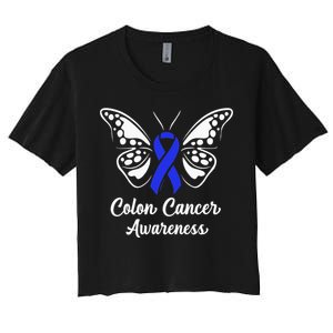 Colon Cancer Awareness Colorectal Cancer Blue Butterfly Women's Crop Top Tee