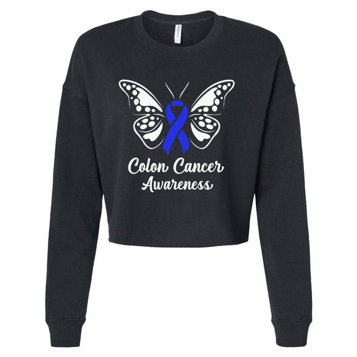 Colon Cancer Awareness Colorectal Cancer Blue Butterfly Cropped Pullover Crew