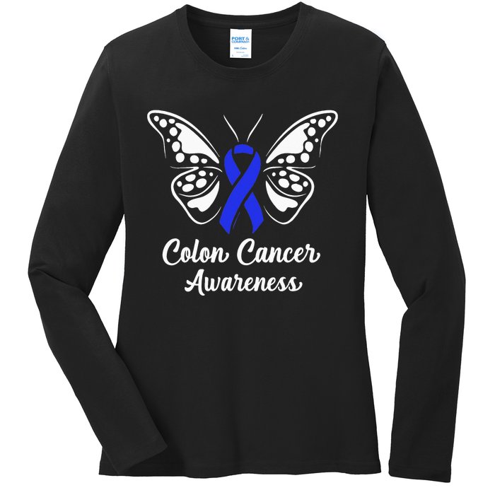 Colon Cancer Awareness Colorectal Cancer Blue Butterfly Ladies Long Sleeve Shirt