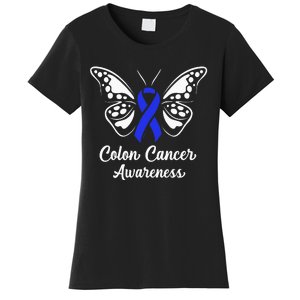 Colon Cancer Awareness Colorectal Cancer Blue Butterfly Women's T-Shirt