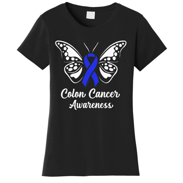 Colon Cancer Awareness Colorectal Cancer Blue Butterfly Women's T-Shirt