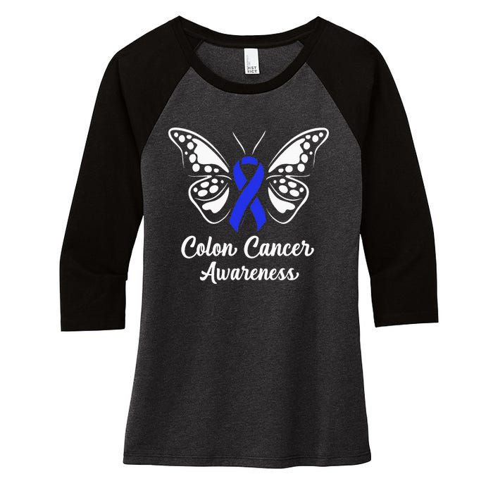 Colon Cancer Awareness Colorectal Cancer Blue Butterfly Women's Tri-Blend 3/4-Sleeve Raglan Shirt