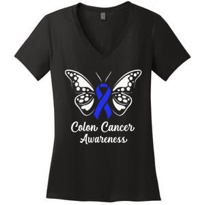 Colon Cancer Awareness Colorectal Cancer Blue Butterfly Women's V-Neck T-Shirt