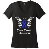 Colon Cancer Awareness Colorectal Cancer Blue Butterfly Women's V-Neck T-Shirt